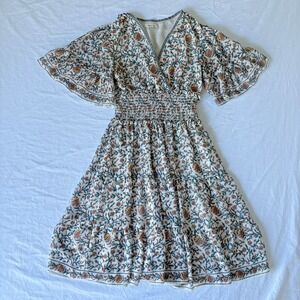 Max Studio Womens Cream Smocked Waist Floral Lined Fit & Flare Midi Dress Sz XS